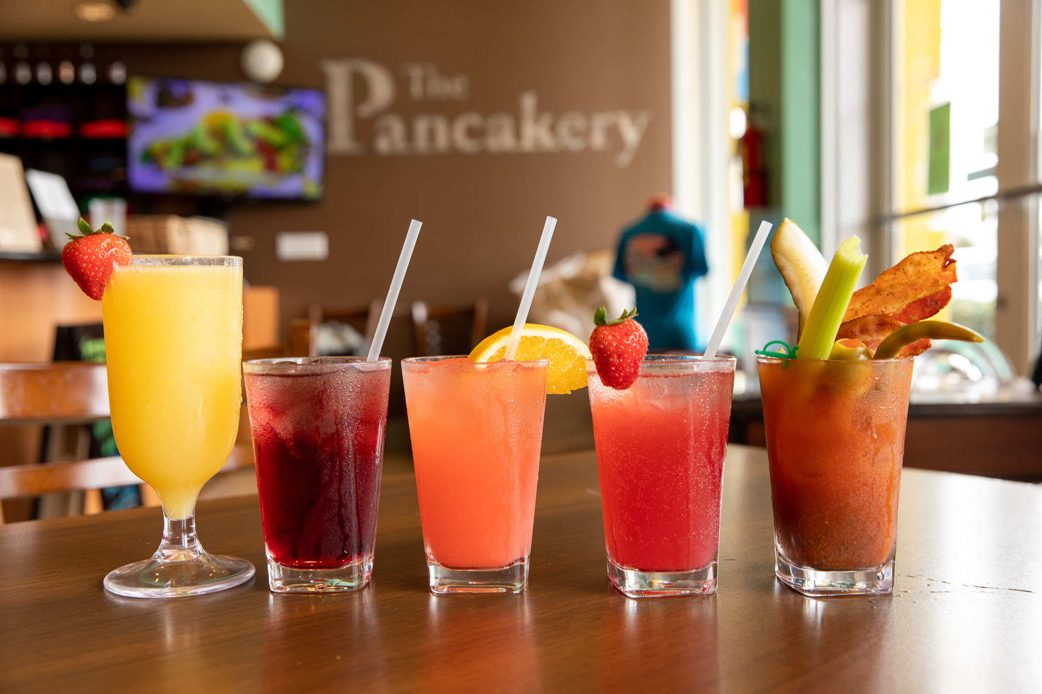 Assorted colorful drinks at The Pancakery