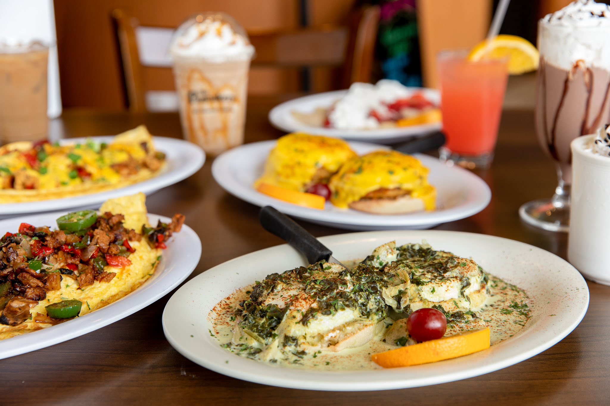 Colorful crepes and breakfast entrees at The Pancakery